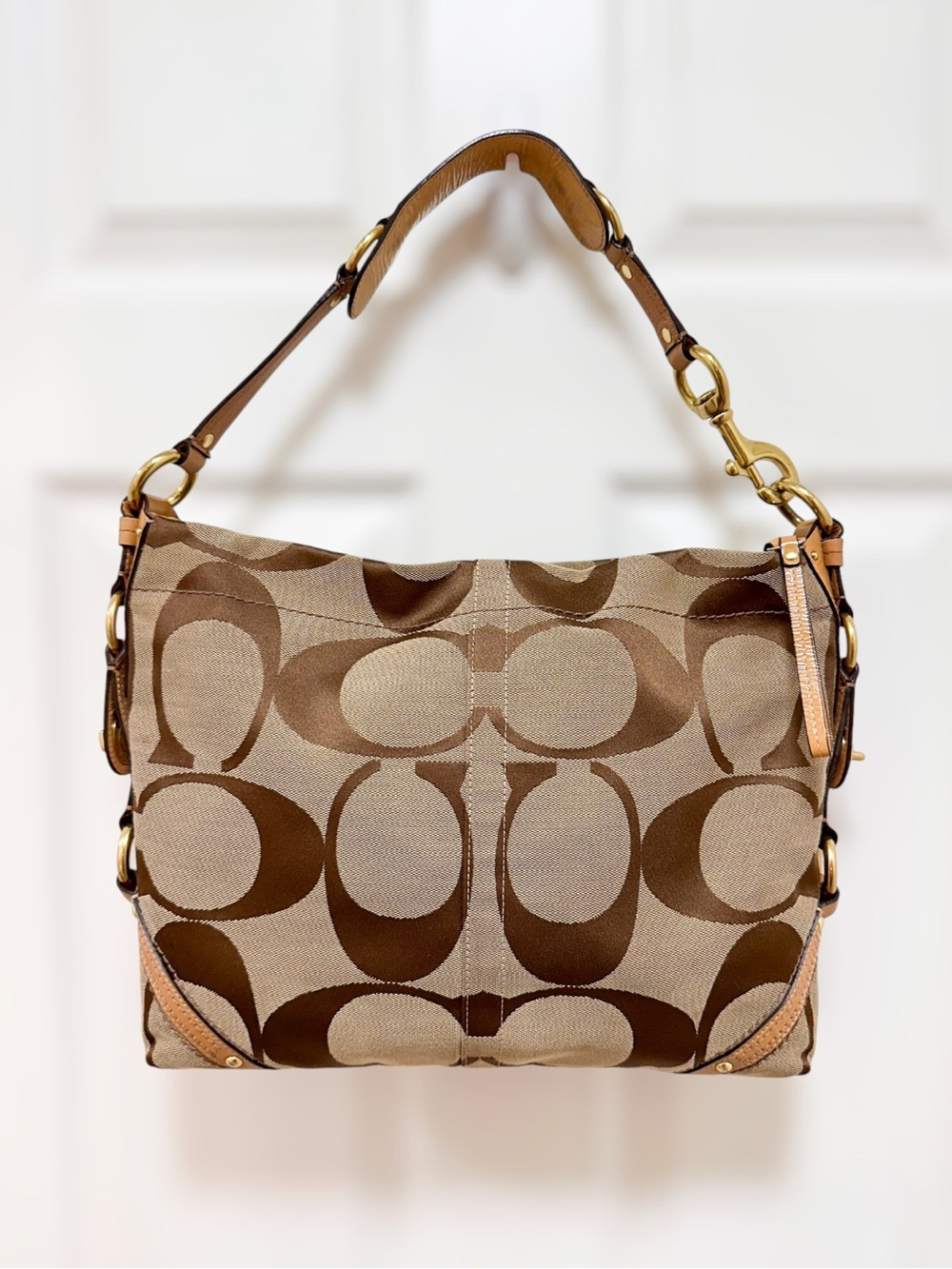 Coach Carly Slim Hobo Shoulder Bag Khaki Brown Camel Patent 11648